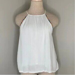 Abbeline Sleeveless PomPom Trimmed Crepe White Top Size Small